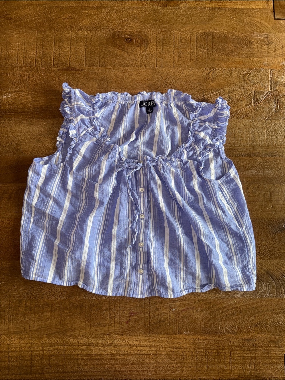 J. Crew Blue and White Striped Sleeveless Ruffle Top